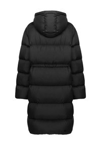 Sort dunjakke med hætte, med en lang, oversize form, quiltet tekstur og elastiske detaljer på ærmekanter og kant.