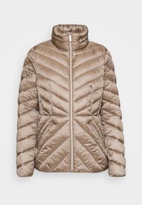 Beige gesteppte Steppjacke mit hohem Kragen, schrägen Nähten, frontseitigem Reißverschluss und zwei seitlichen Reißverschlusstaschen.