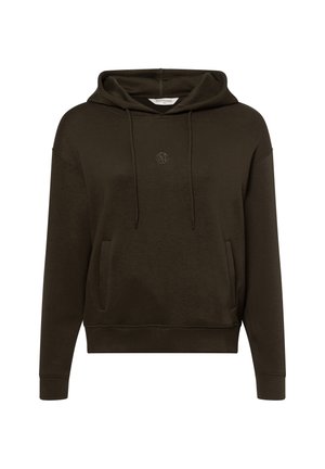 Dunkelgrüner Hoodie mit Kordelzug, frontaler Kängurutasche und dezentem Logo auf der Brust. Weicher Stoff und lässige Passform.