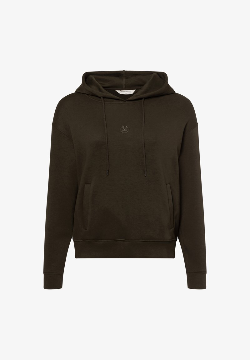 Dunkelgrüner Hoodie mit Kordelzug, frontaler Kängurutasche und dezentem Logo auf der Brust. Weicher Stoff und lässige Passform.