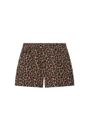 Short en jean à motif léopard avec poches avant, passants pour ceinture et fermeture par bouton, posé à plat sur fond blanc.