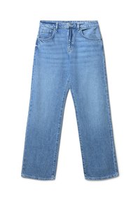 Jean en denim bleu clair avec une coupe droite. Comprend cinq poches, une fermeture à bouton sur le devant et une texture légèrement délavée.