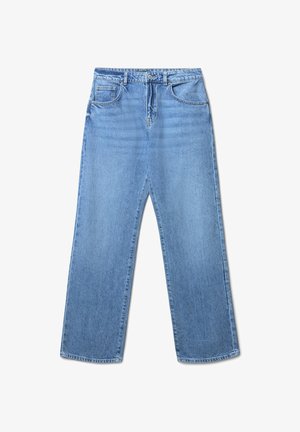 Jeans in denim blu chiaro con design a gamba dritta. Presentano cinque tasche, una chiusura con bottone frontale e una leggera texture scolorita.