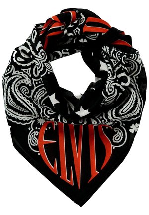 Czarna bandana z białymi wzorami paisley i gwiazdek, z wyraźnym czerwonym napisem "ELVIS" w stylizowanym kroju pisma na środku.