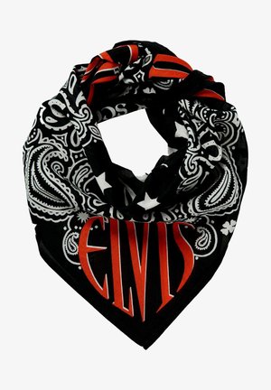 Zwart bandana met witte paisley- en sterpatronen, met in het midden in opvallende rode letters de tekst "ELVIS" in een gestileerde letterstijl.