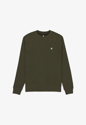 Sweat-shirt à col rond à manches longues de couleur vert foncé avec un petit logo circulaire blanc sur la poitrine gauche, des poignets et un ourlet côtelés.