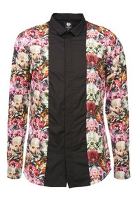 Chemise boutonnée avec un panneau central noir orné de motifs floraux aux couleurs vives sur les manches et les épaules. Manches longues.
