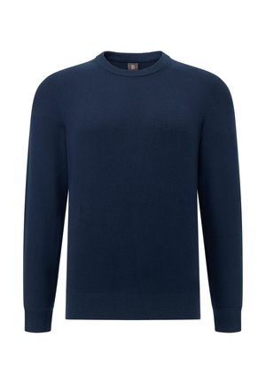 Granatowy sweter z okrągłym dekoltem, wykonany z miękkiego dzianinowego materiału, z długimi rękawami oraz ściągaczami na mankietach i dole. Gładka faktura, bez wzorów i zdobień.