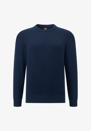 Marineblauwe trui met ronde hals, gemaakt van zacht gebreid materiaal met lange mouwen en geribbelde manchetten en zoom. Gladde textuur, zonder patronen of sieraden.