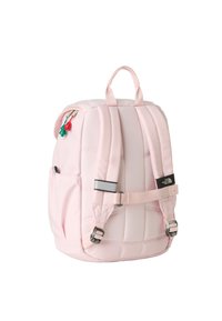 Pink nylon backpack with padded straps, a top handle, and adjustable side pockets. Features accent zipper pulls in red and green.