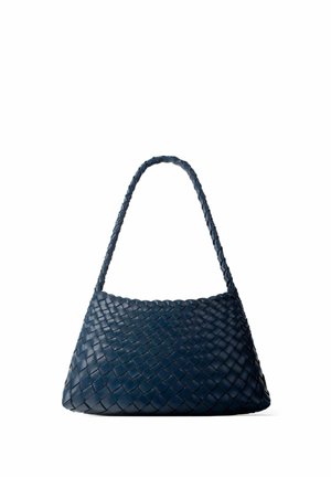 Navy blue woven leather handbag with a single shoulder strap, soft trapezoid shape, and textured interlaced design.