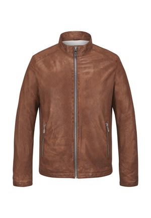 Brown leather jacket with stand-up collar, front zipper, and two zippered side pockets, displayed on a white background.