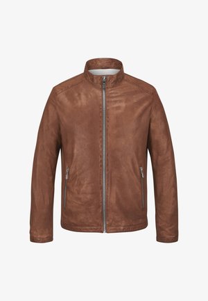 Brown leather jacket with stand-up collar, front zipper, and two zippered side pockets, displayed on a white background.