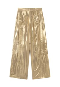 Zlatne metalizirane hlače širokih nogavica s visokim strukom, koje imaju dva prednja džepa i sjajnu, glatku teksturu.