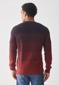 Bărbat cu păr creț scurt, îmbrăcat într-un pulover tricotat cu un gradient de roșu și albastru închis, și jeans albaștri, întors cu fața la un fundal simplu.