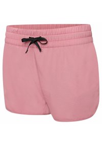 Pantalones cortos de tela rosa con una cinturilla elástica y cordón negro. Textura suave, dobladillo curvado y sin logotipos o patrones visibles.