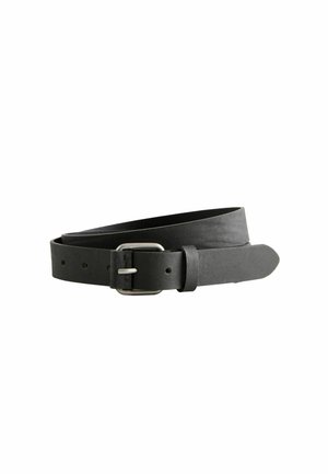 Black leather belt with a silver metal buckle, featuring multiple holes for adjustment and a smooth texture. Flat, tapered ends.