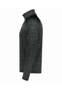 Donkergrijze half-zip pullover van een gestructureerde stof met subtiele horizontale strepen. Heeft lange mouwen en een verhoogde kraag.