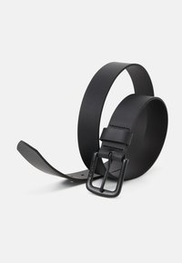 Black leather belt with a matte finish, featuring a rectangular metal buckle and a smooth, flat design with defined holes for adjustment.