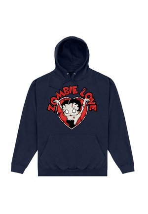 Granatowy hoodie z przednią kieszenią, z kreskówkowym zombiakiem w czerwonym sercu, z napisem "ZOMBIE LOVE" powyżej w kolorze czerwonym.