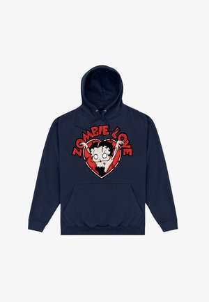 Granatowy hoodie z przednią kieszenią, z kreskówkowym zombiakiem w czerwonym sercu, z napisem "ZOMBIE LOVE" powyżej w kolorze czerwonym.