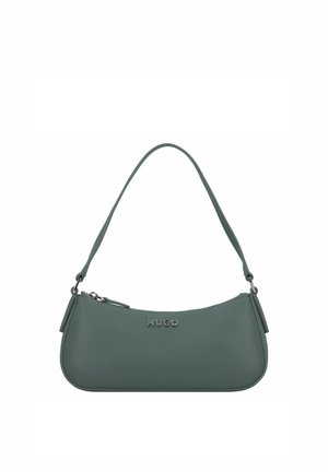 Borsa a tracolla Hugo in pelle verde con cerniera argentata e logo metallico sul davanti, tracolla corta per il trasporto a mano o a spalla.