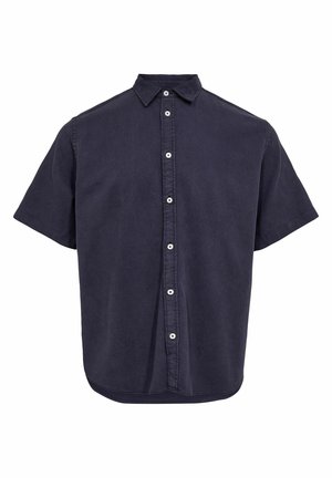 Short-sleeve navy shirt made of a textured fabric, featuring a collared neck and six white buttons along the front placket.