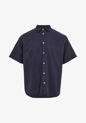 Cămașă cu mânecă scurtă, de culoare bleumarin, confecționată dintr-un material texturat, având guler și șase nasturi albi pe placketul frontal.