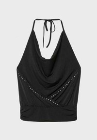 Czarna bluzka na szyję z drapowanym przodem, diagonalnym detalem z ćwiekami oraz wiązaniem na szyi.