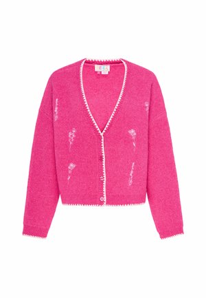 Lyserød strikket cardigan med hvid blomstret broderi, hvid kant langs V-halsen, knaplukning og lange ærmer.