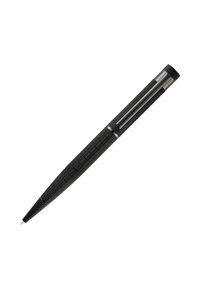 Stylo à bille rétractable noir avec motif à grille texturée et clip argenté sur fond blanc.