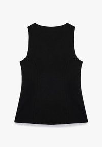 Top negro sin mangas con escote redondeado. Fabricado con una tela suave, presenta detalles de costura en los lados y una forma ajustada.