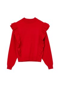 Maglione rosso realizzato in tessuto a maglia, con dettagli a ruches sulle spalle, maniche lunghe e scollo rotondo. Design corto.