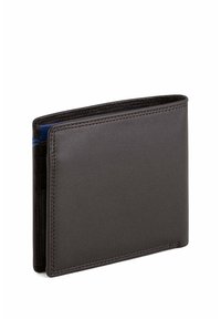 Portafoglio in pelle nera dal design elegante, con una superficie strutturata e dettagli blu lungo il bordo interno.