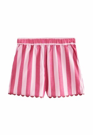 Rosa- und cremefarbene gestreifte Shorts mit gewelltem Saum, elastischem Bund und seitlichen Taschen. Hergestellt aus einem leichten Stoff.