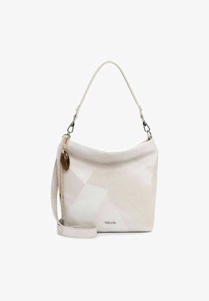 Bolso de hombro texturizado color crema con correa desmontable, cierres metálicos y un colgante decorativo marrón en el lateral.