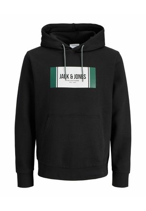 Hoodie noir avec poche avant, capuche à cordon de serrage et patch logo rectangulaire portant l'inscription "Jack & Jones Collections Est. 1990" en vert et blanc.