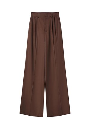 Pantalons larges marron avec une texture lisse, comportant une taille haute, des plis et sans fermetures ni poches visibles.