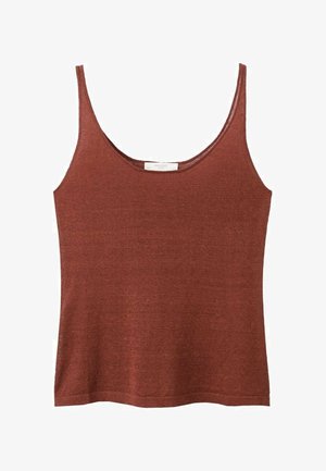 Mouwloos gebreid tanktop in roestkleur met een ronde halslijn en dunne schouderbandjes.