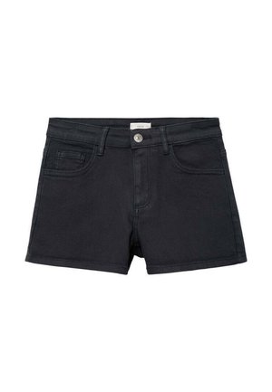 Schwarze Denim-Shorts mit Frontknopf, Gürtelschlaufen und drei vorderen Taschen, vor weißem Hintergrund präsentiert.