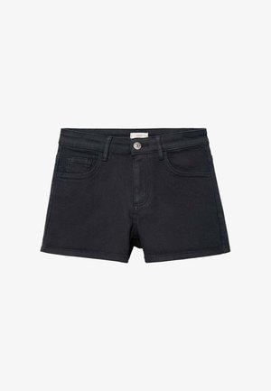 Sorte denimshorts med for- knap, bæltestropper og tre forlommer, vist mod en hvid baggrund.