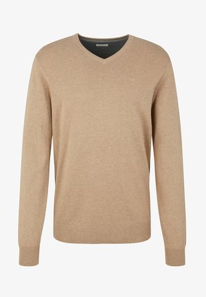 Maglione beige da uomo con scollo a V e maniche lunghe, con polsini e orlo a coste, caratterizzato da un piccolo logo ricamato sul petto sinistro.