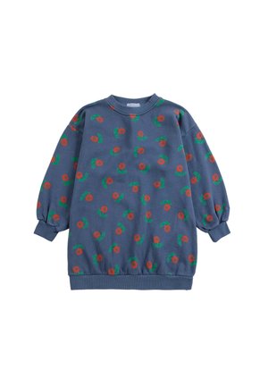 Sweat-shirt bleu à manches longues avec motif de fleurs rouges et feuilles vertes, poignets, col et ourlet côtelés.