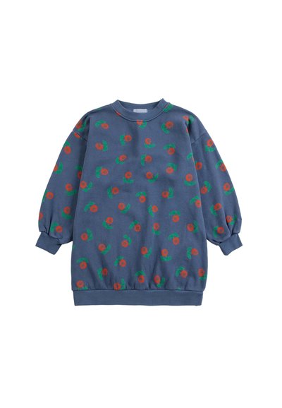 Sweat-shirt bleu à manches longues avec motif de fleurs rouges et feuilles vertes, poignets, col et ourlet côtelés.