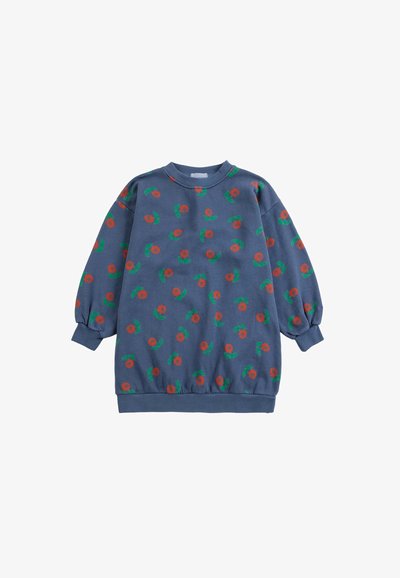 Sweat-shirt bleu à manches longues avec motif de fleurs rouges et feuilles vertes, poignets, col et ourlet côtelés.