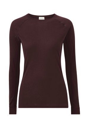 Maglia a manica lunga di un bordeaux scuro, realizzata in tessuto morbido. Presenta un collo rotondo e maniche raglan con dettagli cuciti.
