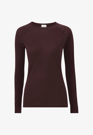 Maglia a manica lunga di un bordeaux scuro, realizzata in tessuto morbido. Presenta un collo rotondo e maniche raglan con dettagli cuciti.