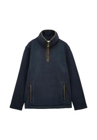 Tmavomodrý fleeceový pulóver s dlhými rukávmi, stojacím golierom, predným zipsom do štvrťky a dvoma vertikálnymi zipsovými vreckami.