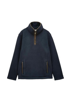 Mørkeblå fleece-pullover med lange ærmer, stående krave, front kvart lynlås og to lodrette lynlåslommer.