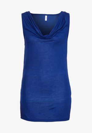 Haut bleu sans manches pour femme avec un col drapé et une coupe ajustée.